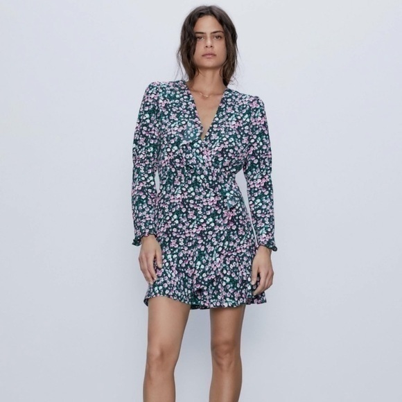 Zara Medium Ruffled Long Sleeve Green Pink Floral Mini Dress‎ Faux Wrap - Picture 1 of 10